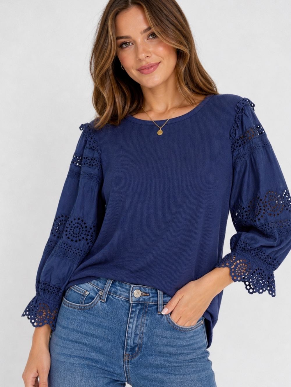 J.Crew Ruffle-trim eyelet top in vintage rib Navy Size XL